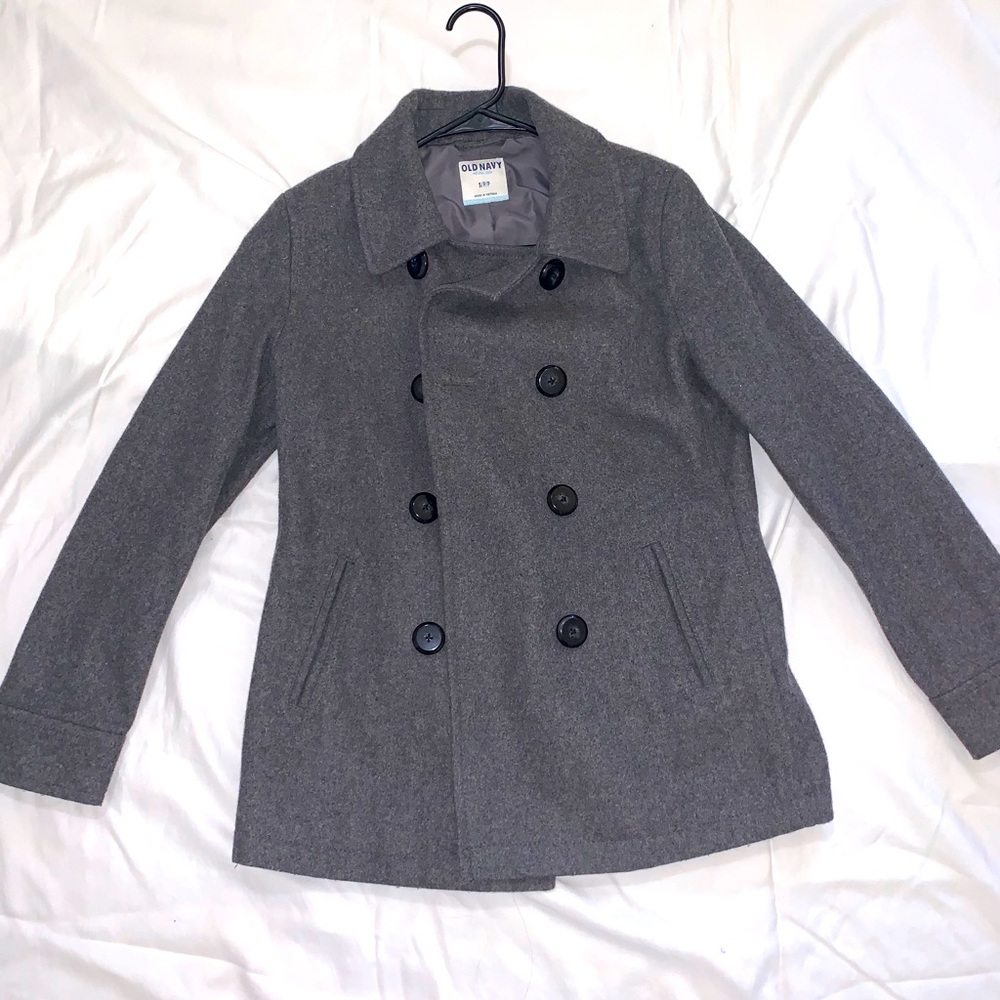 Gray pea coat from Old Navy. It’s a size small.